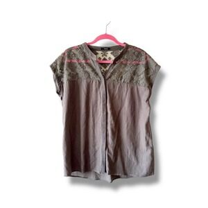 OPUS Italy Short Sleeve Flax Popover Top With Lace Detail Collar Dark Gray 40